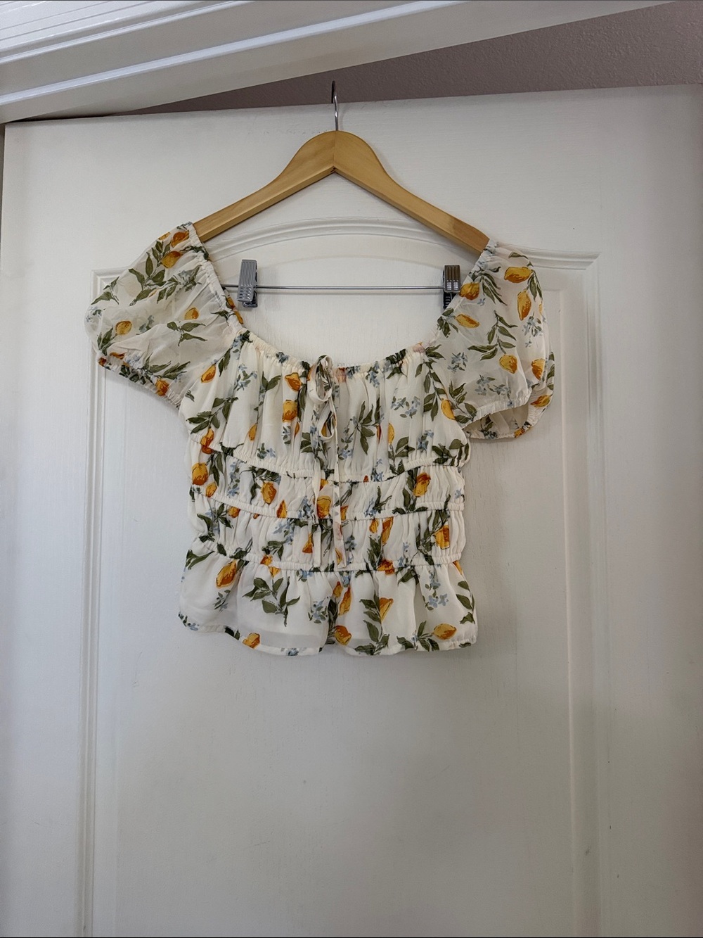 Japna Lemon Print Off Shoulder Smocked Peplum Top